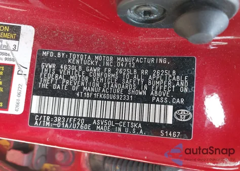 2013 Toyota Camry Se from USA, damaged, VIN 4T1BF1FK6DU692331